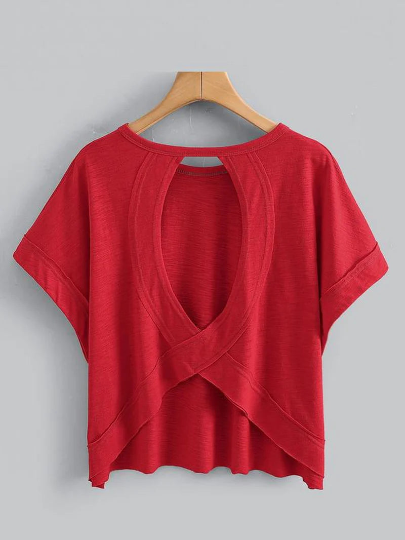 Women's Plain Cut Out Asymmetrical Hem Batwing Sleeve Tee | zäh