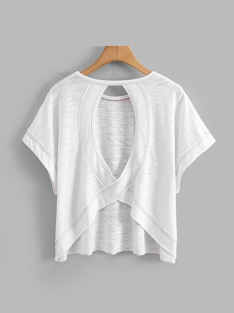 Women's Plain Cut Out Asymmetrical Hem Batwing Sleeve Tee | zäh