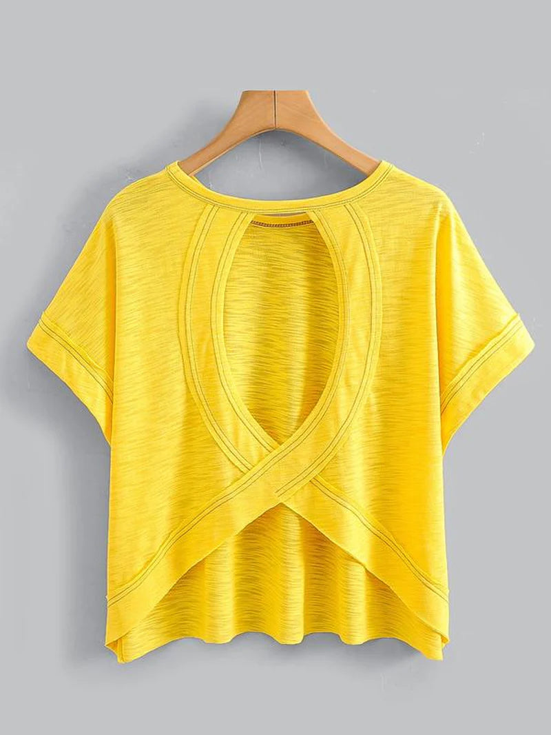 Women's Plain Cut Out Asymmetrical Hem Batwing Sleeve Tee | zäh